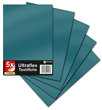 Finest Folia Ultraflex S Textilfolie für Plotter 61 Farben Din A4 Bogen 30x20cm Plotterfolie matt auf Stoffe Kleidung T-Shirt Folie Flexfolie DIY Zubehör (20 Petrol, 5er Set)