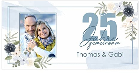 Herz & Heim® Hochzeitsdeko Party-Banner mit eigenem Foto und Namen 0,80 x 1,60 m (Silberne Hochzeit)