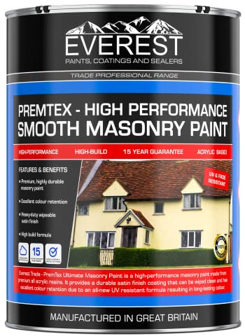 Everest Trade - PremTex Smooth Masonry Paint - High Performance - Smooth Finish (White, 20 Litre)