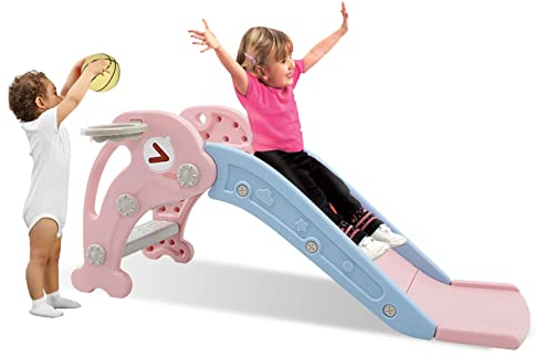 Sinbide Rutsche, Kinder Fun-Slide mit Basketballkorb, Faltbar Kinderrutsche, Gartenrutsche Kleinkinderrutsche für ab 2 Jahren, Indoor & Outdoor Rutschbahn mit Rutschauslauf (rosa)