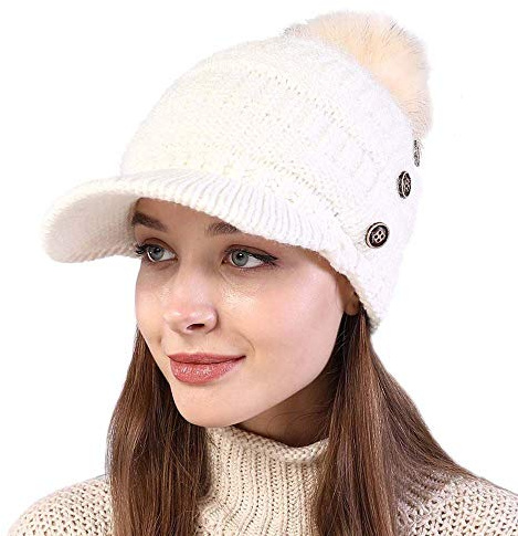 Kangqifen Damen Warmes Futter Schirmmütze Wintermütz Strickmütze mit Bommel Visier 3 Knöpfe