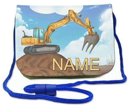 Maus-Design Kinder Brustbeutel mit Name, Bagger | Schriftartwahl, Klettverschluss, Schnur zum Umhängen, Klarsichtfach, Personalisiert