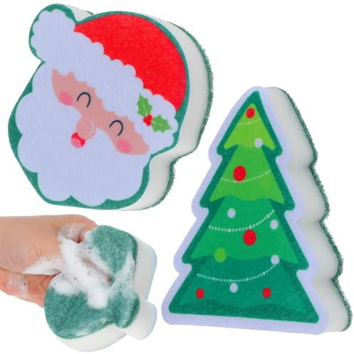 2 Stücke Spülschwamm Weihnachten Reinigungsschwamm Weihnachtsmann Weihnachtsbaum Form Topfschwamm Küchenschwamm Putzschwamm Topfreiniger Schwamm für Küche Geschirr Pfannen