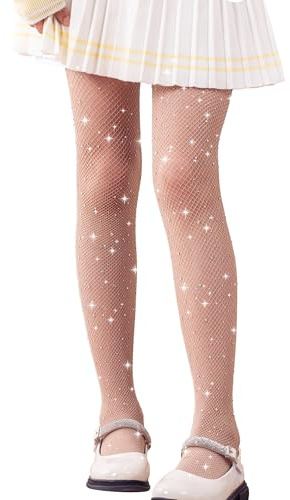 LOLANTA Confezione da 2 collant a rete per ragazze, collant con strass luccicanti per bambini, Calze a rete, Carne scintillante, 4-8 anni, L