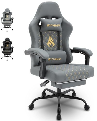 Symino Gaming Stuhl Racing Gamer Stuhl - Ergonomischer Gaming Sessel mit Lendenwirbelstütze, Gaming Chair mit Fußstütze Vintage PU Leder 130KG, Grau