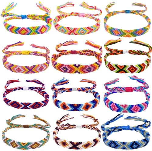 Woven Friendship Bracelets for Kids Girls Wowen, 12 Pack Handmade Adjustable Friendship Bracelet with Knot, Multicolor Braided Bracelets for End of Year Gifts/Birthday Gift/Party Favor