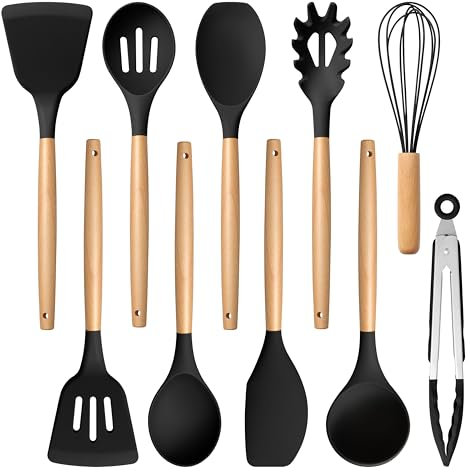 E-far silikon köksredskapsset, 10-delar svart köksredskapsset med trähandtag för nonstick köksredskap, värmebeständigt kök nonstick verktyg spatel visp tång slev, giftfri och hälsosam