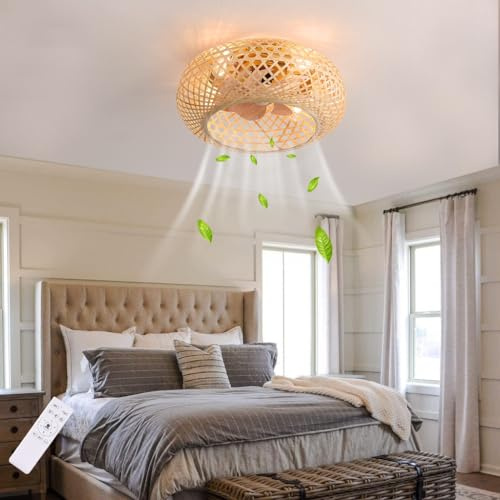 DOCJX 50CM Deckenventilator Mit Beleuchtung Bambus Leise DC Motor Und Fernbedienung Boho Vintage E27 Vintage Rattan Bambus Schlafzimmer Lampe Fan Deckenlampe Für Wohnzimmer Esszimmer Lüfter Licht