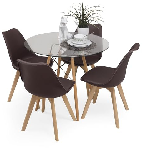 Homely - Conjunto de Comedor Tower 90 Day Cristal Mesa de Cristal Redonda de 90 cm y 4 sillas Day (Chocolate)