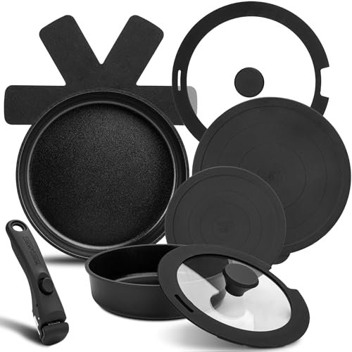 Moritz & Moritz 8-Piece Induction Pan Set - Cast Aluminium Non-Stick Cookware with Removable Handle, 2 Frying Pans, 2 Glass & 2 Plastic Lids, Felt Pan Protector