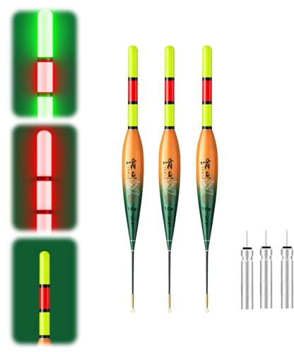 Lergas 3 Stück LED Posen Angeln, Posen Angeln mit Schwerkraftsensor und Metallsockel, LED Posen mit Batterie, Angelzubehör zum Angeln am See, Fluss oder Teich (10g Schwimmfähigkeit)