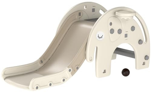 AIYAPLAY Scivolo per Bambini da Interno 3 in 1, Scivolo in Plastica con Canestro e Design a Elefante, Età 1-3 Anni, Bianco Crema