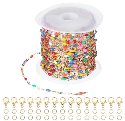 PATIKIL Stainless Steel Jewelry Chain, 16Ft 2mm Multicolor Enamel Link Cable Chains for Necklace Earring Bracelet Findings Jewelry Making Trucker Hat Chains, Gold/Multicolor