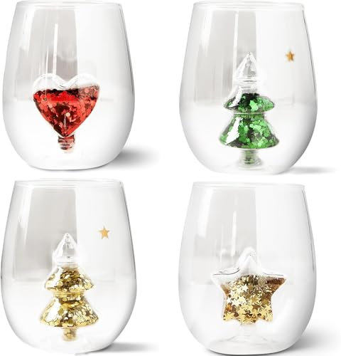 Yuletide Stemless Wine Glass, 3D Wine Glass Juice Glasses with Christmas Tree, Christmas Tree Green Glitter Wine Glasses with Cozy Seasonal Charm, Perfect for Holiday Parties (All (4pcs))