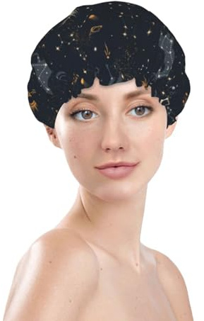 Bonnet de douche pour femme, réutilisable, imperméable, double couche, bande élastique, bonnet de bain pour cheveux longs, voie lactée, soleil, constellation, cerf pour douche