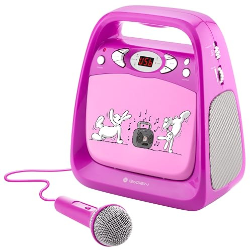 GOGEN Kinderkaraoke und CD Player I USB I MP3 I Mikrofon inklusive I Kopfhörerausgang I tragbar I Batterie oder Netzteil I Bluetooth I Hergestellt für Kinder I Pink
