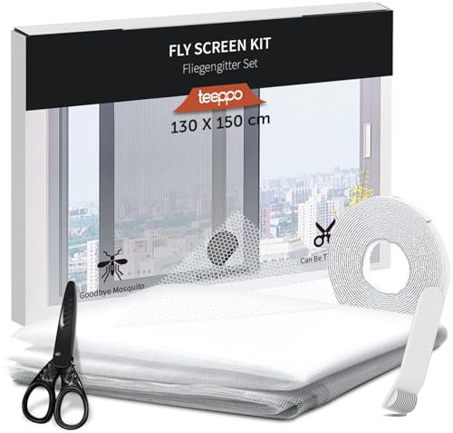 teeppo Fliegengitter Fenster 130 x 150 cm, Insektenschutz Fenster Zuschneidbar mit Klettband Selbstklebend, Fliegennetz ohne Bohren, Moskitonetz Fenster aus Polyester, Kinderleichte Montage【Weiß】