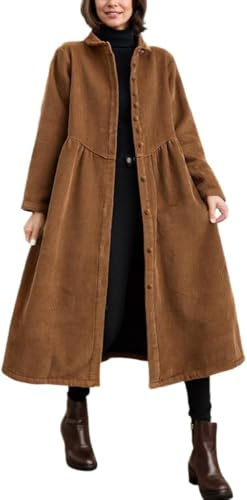Vagbalena Robe à revers boutonnée en velours côtelé classique vintage pour femme veste décontractée à simple boutonnage couleur unie mi-longue et chaude (Grand,Marron)