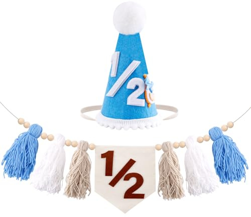 BOXOB 1/2 Birthday High Chair Banner with 1/2 Blue Cone Hat, Half Birthday Decorations for Baby Boy Wall Hangings & Party Decor