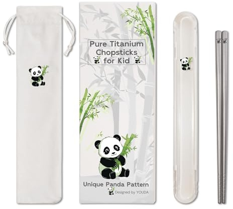 Youda Titan Essstäbchen 1 Paar, Unzerbrechliches Essstäbchen-Set für Alltag, Camping & Reisen, Extra Leicht mit Etui & Beutel, Panda Lasergravur, Spülmaschinengeeignet (99,8% Reines Titan)
