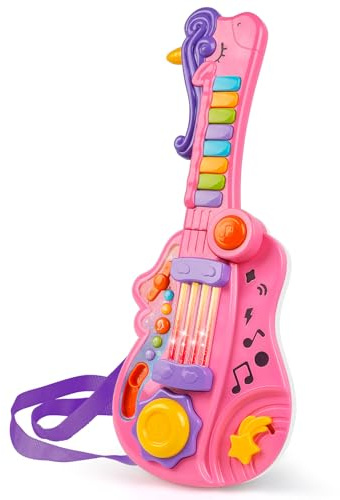 Shayson Kids Guitar Toy 3 in 1 Musical Instruments for Kids Piano Toddler Toy Guitar with Strap Electronic Toddlers Music Toys for 3 4 5 6 Year Old Boys Girls Gifts(Pink)