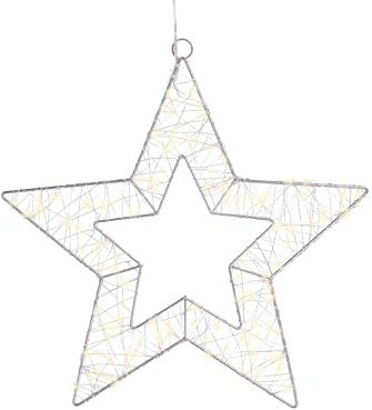 LED Stern zum Aufhängen 38cm Metall - mit Timer / Batteriebetrieb - Indoor & Outdoor - Dekohänger für die Weihnachts- und Winterzeit - Weihnachtsfigur Metallfigur - Hängedeko Weihnachten - Silber