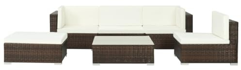Qnhdfrt Poly Rattan Sofa Set 6 teilig mit Eckelementen Couchtisch und Ottomane Braun Cremeweiß für Garten Terrasse Balkon