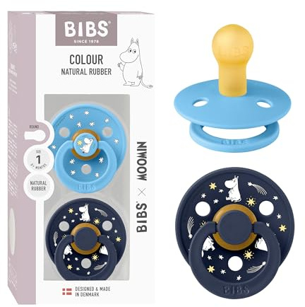 Moomin x BIBS Colour Schnuller, 0-6 Monate, 2er-Pack, Breeze/Deep Space | Runder Sauger | Naturkautschuklatex | Größe 1 | BPA-frei | Hergestellt in Dänemark | Hohe Akzeptanz | Luftlöcher