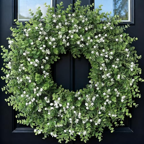 26 Artificial Eucalyptus Wreath with Baby's Breath for Front Door - Faux Eucalyptus Leaves, Fake Spring/Summer Greenery Flowers Wreath for Porch, Farmhouse, Wall, Window Outdoor Decor(White-Green)
