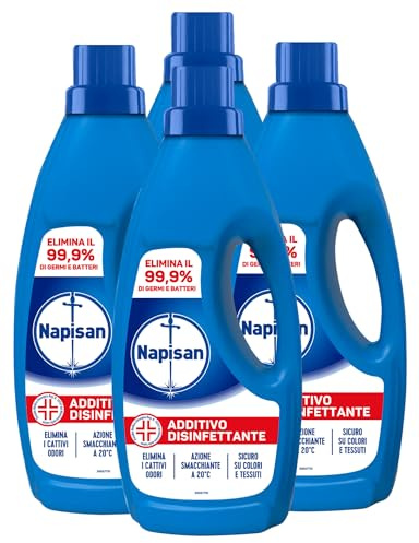 Napisan Additivo Disinfettante Liquido Lavatrice Elimina Batteri e Cattivi Odori con Azione Smacchiante Sicuro su Colori e Tessuti Formula Senza Coloranti - 4 Flaconi da 1 Litro
