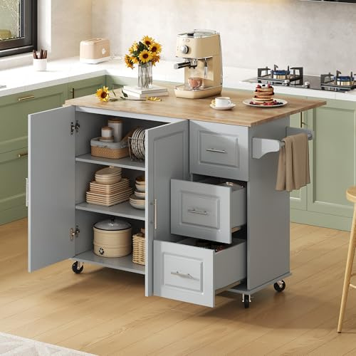 Muskel Isola da cucina mobile con piano di lavoro pieghevole, 137 cm, carrello da cucina su ruote con 3 cassetti e 2 ante, piano di lavoro in legno di quercia, portasciugamani, tavolo da cucina per