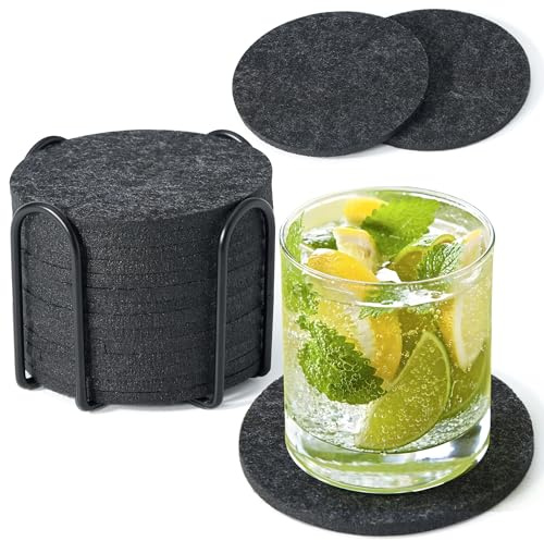 Elalove 16er Set Untersetzer Gläser Filzuntersetzer Dunkelgrau mit Halterung, Design filzuntersetzer rund für Getränke, Tassen und Kerzen, Ideal für Bar, Glastisch und Deko