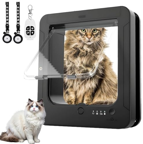Mikrochip Kattlucka 11.5 x 10, Automatisk Husdjursdörr med 2 RFID Halsbandssensorer - 4-Vägs Låsning, Fjärrkontroll & Väderbeständig Smart Kattdörr för Katter & Små Hundar black