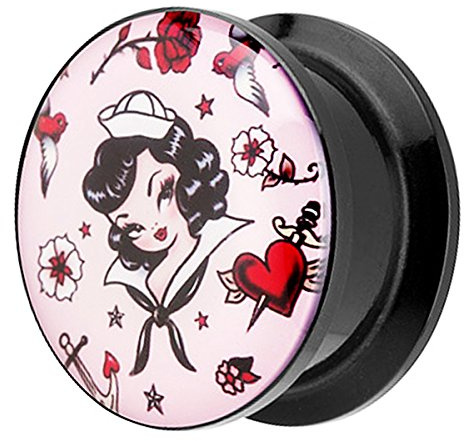 Piersando Ohr Plug Piercing Kunststoff Motiv Comic Picture Flesh Tunnel Ohrplug mit Matrosen Mädchen Maritim Rosa Schwarz 8mm