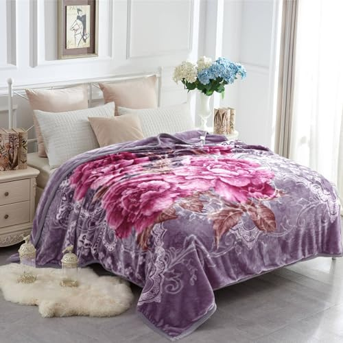 JYK Coperta morbida in pile coreano di visone, 2,3 kg, double-face, 520 g/m², morbida e setosa, per autunno e inverno (Queen, peonia/peonia)