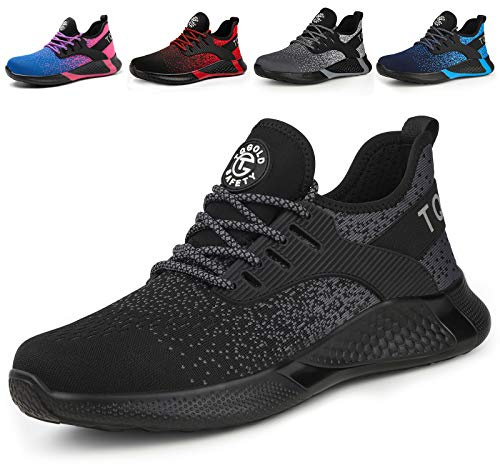AONETiger Säkerhetsskor män kvinnor lätta arbetsskor stålhätta sportiga skyddsskor andas halkfria skor sneakers, 8195 svart, 44 EU