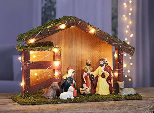 Benelando LED Weihnachtskrippe Holz Krippenstall beleuchtet Figuren Krippenfiguren Deko