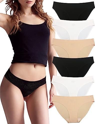 No Show Trosor för kvinnor, sömlösa träningskläder, underkläder, osynliga nylonspandex, trosor för kvinnor, 6-pack, Svart/vit/beige, M