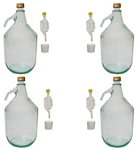 DIAH DO IT AT HOME 4 x 5L Glass Demijohns with Handles - Complete Winemaking Kit with Screw Caps, S-Type Airlocks & Rubber Bungs - 1 Gallon Carboys for DIY Cider, Wine & Mead