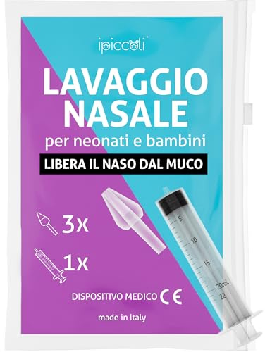 IPICCOLI Set Lavaggio Nasale Bambini e Neonati con Olive Nasali per Lavaggi Neonato e Maxi Siringa 20ml per Lavaggi Nasali Bambini. Metodo Naturale. Ecosostenibile. (5 Olive, 1 Siringa 20ml)