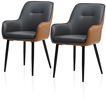 TUKAILAI Juego de 2 sillas de comedor de piel sintética, con reposabrazos, respaldo, asiento acolchado, patas de metal, diseño moderno en dos colores, gris y marrón