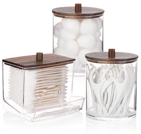 Tbestmax Qtips Dispenser Bathroom Container, 10/12 oz Big Cotton Ball Holder, Apothecary Jar Organizer for Storage Cotton Swab, Round Pads, Floss Picks (Brown Wood Lids)