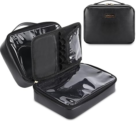 HERYEBING Kosmetiktasche Groß Reise Make up Tasche | Leder Wasserdicht Schminktasche mit Make-up Pinsel Fächern | Kulturtasche für Damen/Mädchen mit Griff | Kosmetikkoffer Travel Essentials (Schwarz)