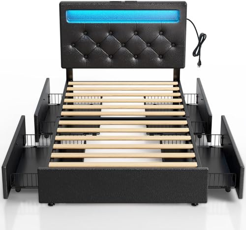 Rolanstar Twin Bed Frame with 4 Storage Drawers and Charging Station,Twin Bed with Led Lights, 2 USB & 1 Type C, Adjustable Headboard 38.9/40.8 Inches, No Box Spring Needed, Black
