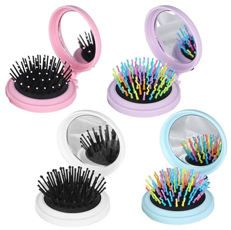 4Pcs Mini Round Folding Comb Comfortable Pocket Folding Mirror Compact Size Hair Brushes Portable Massage Mirror for Women and Girls