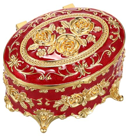 SUMNACON Vintage-Schmuckschatulle aus Metall, dekorativer kleiner Schmuck-Organizer mit Deckel, ovale Retro-Aufbewahrungsbox für Ringe, Ohrringe, Halskette (rot)