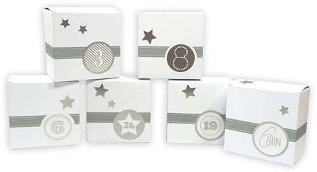 Frau WUNDERVoll® DIY Adventskalender Schneeflöckchen zum Befüllen, 24 Faltschachteln weiß grau 12x12x7,5cm, XL Ziffern silber metallic/foliert - Weihnachten Würfelbox Faltverpackung Schachtel Kasten