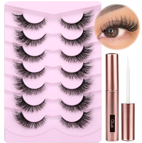 Cat Eye Lashes with Lash Glue Natural False Eyelashes Fluffy Wispy Faux Mink Lashes 15MM Strip Eyelashes Extensions Look, 7 Pairs with 5ML Eyelash Glue