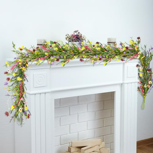 Hotop 6 ft Artificial Wildflower Garland, Daisy and Lavender Faux Floral Vine Summer Spring Floral Fake Garland for Baby Shower Wedding Mantle Table Centerpiece Decor(2 Pcs)
