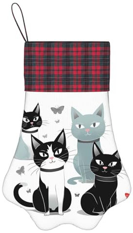 DOFFO Schwarze und weiße Katzen bedruckter süßer Weihnachtsstrumpf große Weihnachtsstrumpf für Haustiere Pfotenstrümpfe 43,2 cm personalisierter hängender Strumpf Weihnachtsstrümpfe Dekorationen für